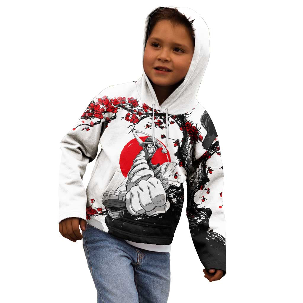 Luffy Gear 3 One Piece Anime White and Red Japanese Art Style Kid Hoodie with Cherry Blossom Tree and Straw Hat Pirates Jolly Roger - The Mazicc