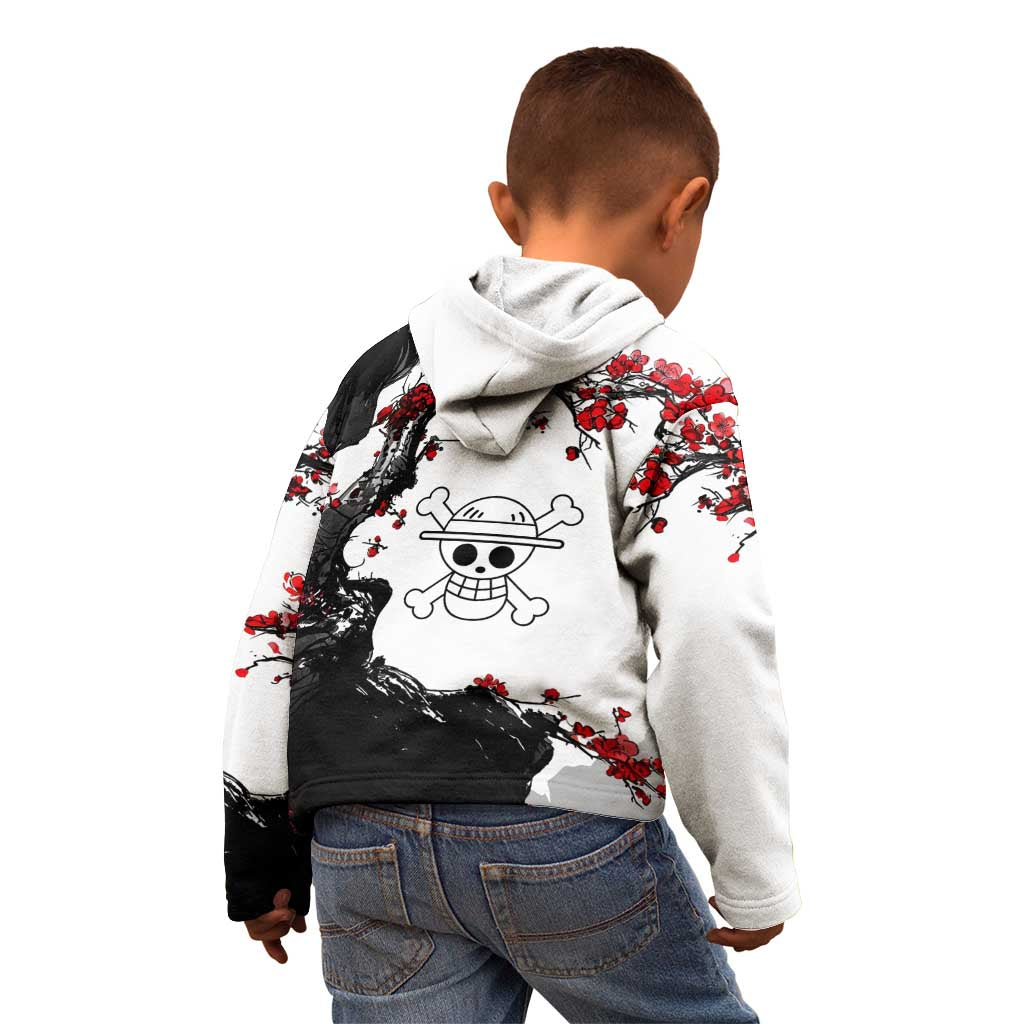 Luffy Gear 3 One Piece Anime White and Red Japanese Art Style Kid Hoodie with Cherry Blossom Tree and Straw Hat Pirates Jolly Roger - The Mazicc