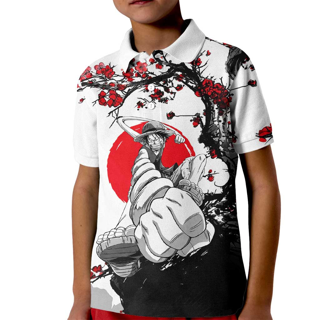 Luffy Gear 3 One Piece Anime White and Red Japanese Art Style Kid Polo Shirt with Cherry Blossom Tree and Straw Hat Pirates Jolly Roger - The Mazicc