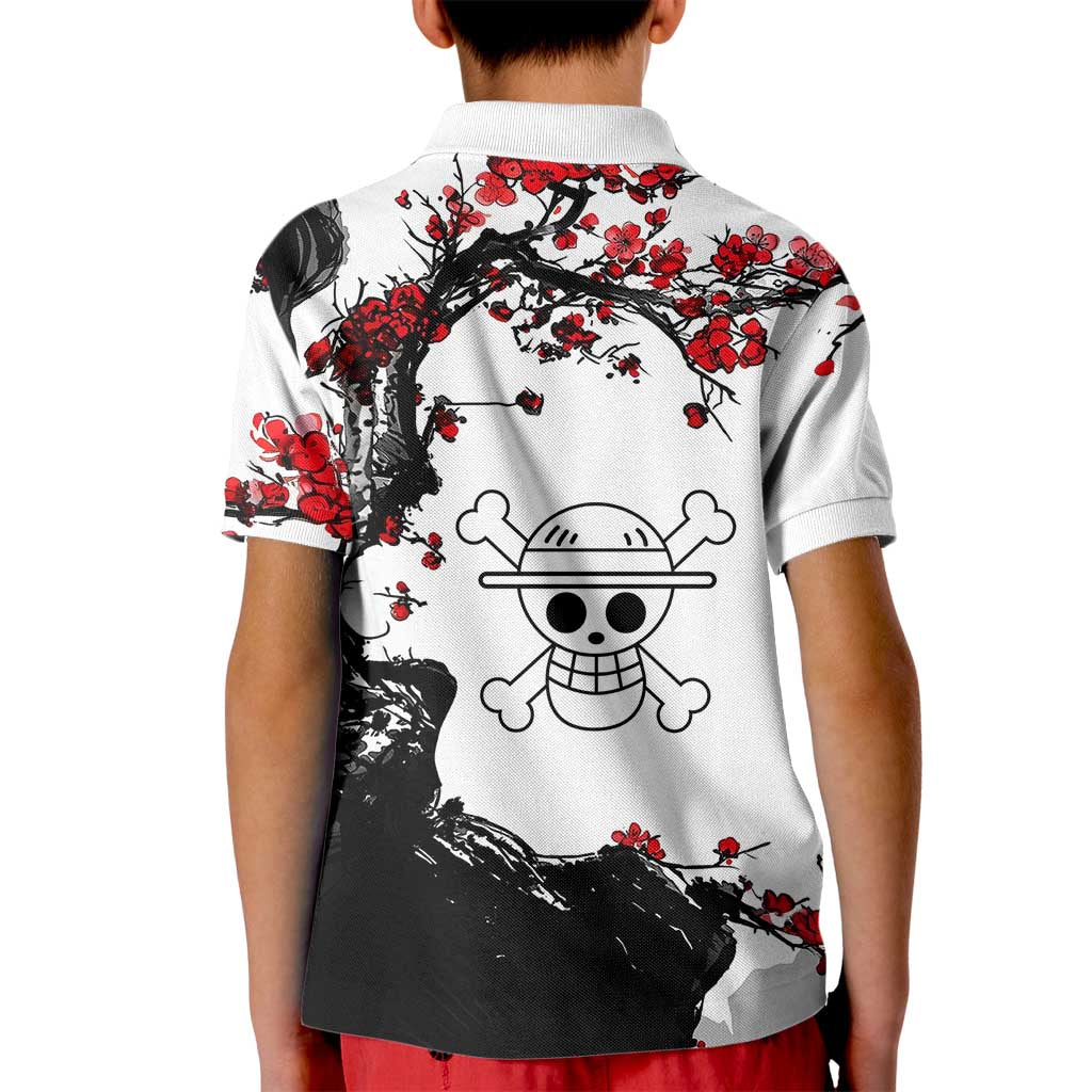 Luffy Gear 3 One Piece Anime White and Red Japanese Art Style Kid Polo Shirt with Cherry Blossom Tree and Straw Hat Pirates Jolly Roger - The Mazicc