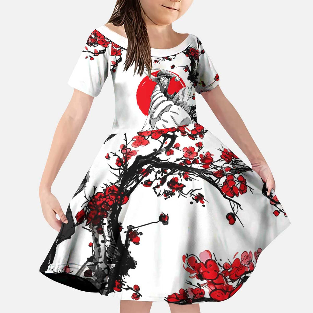 Luffy Gear 3 One Piece Anime White and Red Japanese Art Style Kid Short Sleeve Dress with Cherry Blossom Tree and Straw Hat Pirates Jolly Roger - The Mazicc