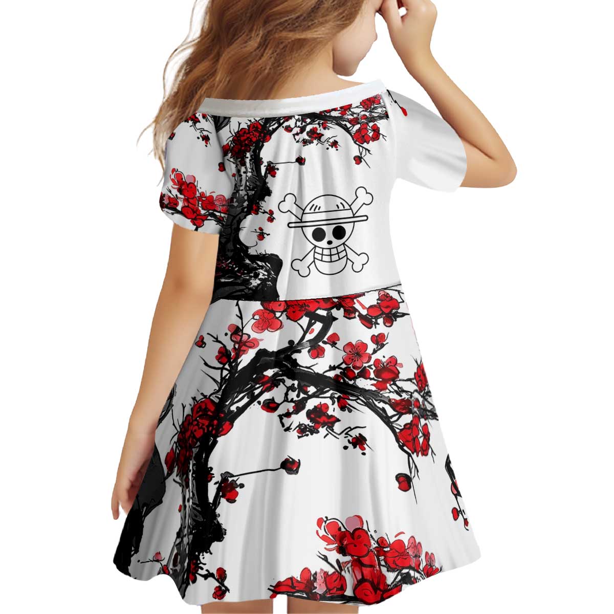 Luffy Gear 3 One Piece Anime White and Red Japanese Art Style Kid Short Sleeve Dress with Cherry Blossom Tree and Straw Hat Pirates Jolly Roger - The Mazicc