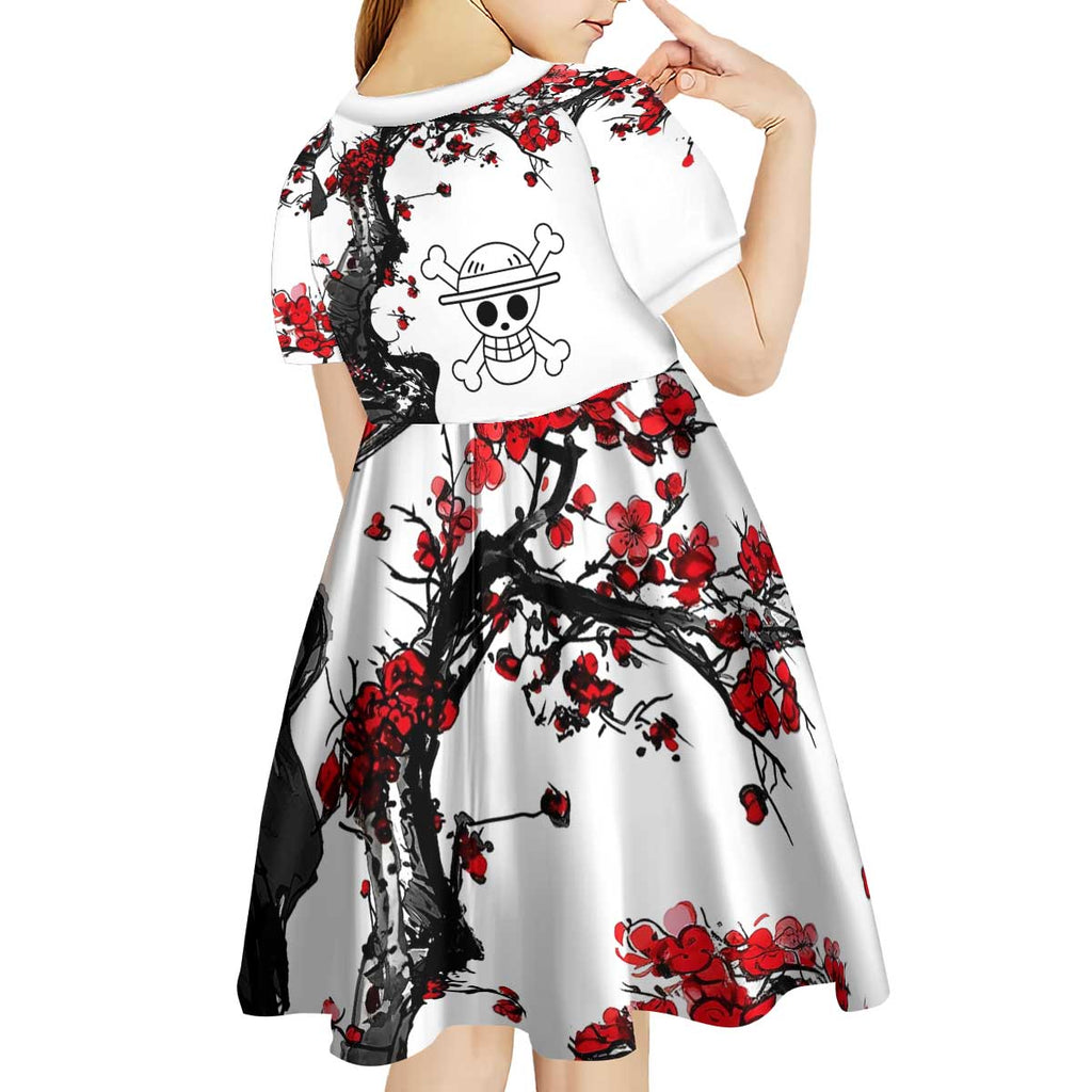Luffy Gear 3 One Piece Anime White and Red Japanese Art Style Kid Short Sleeve Dress with Cherry Blossom Tree and Straw Hat Pirates Jolly Roger - The Mazicc