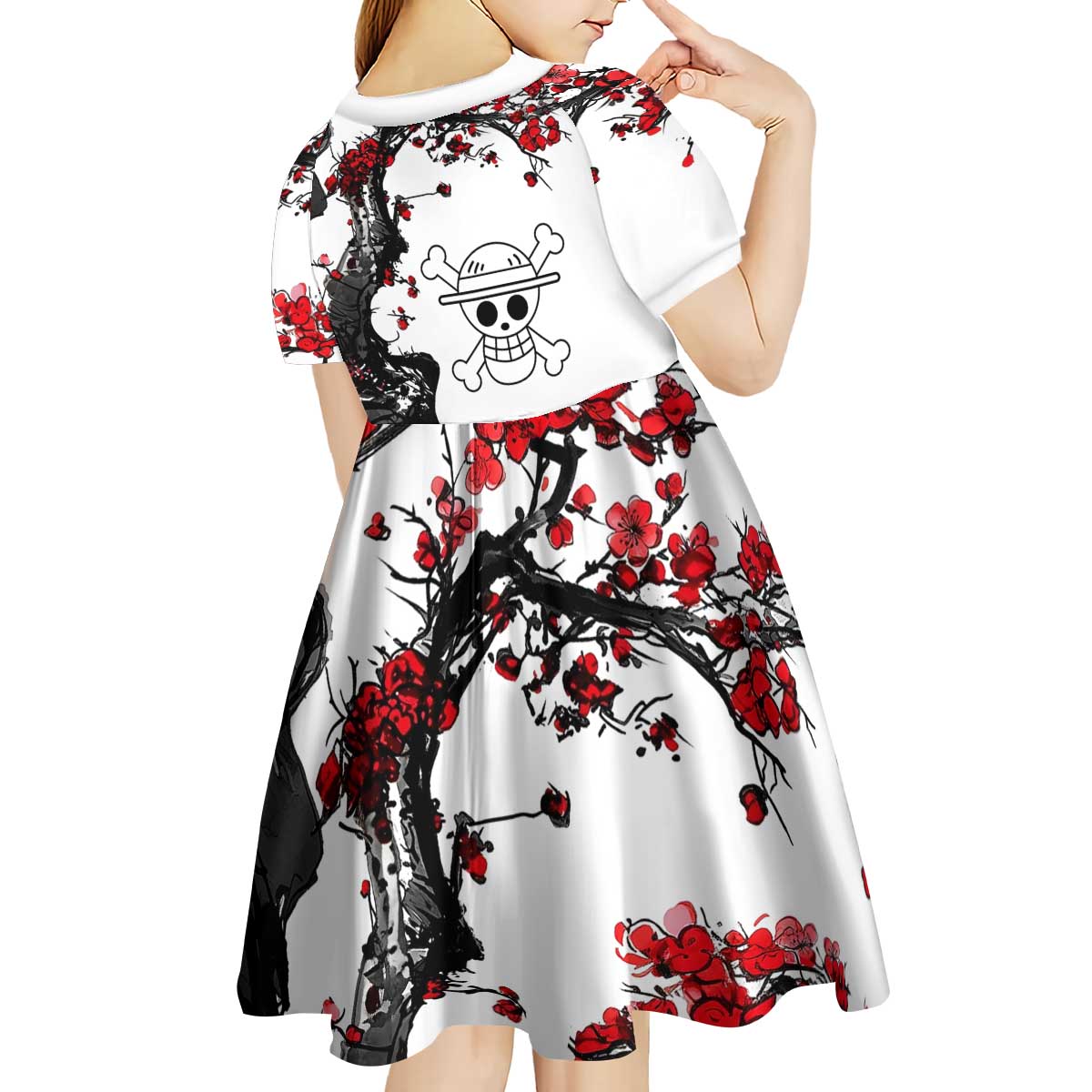 Luffy Gear 3 One Piece Anime White and Red Japanese Art Style Kid Short Sleeve Dress with Cherry Blossom Tree and Straw Hat Pirates Jolly Roger - The Mazicc