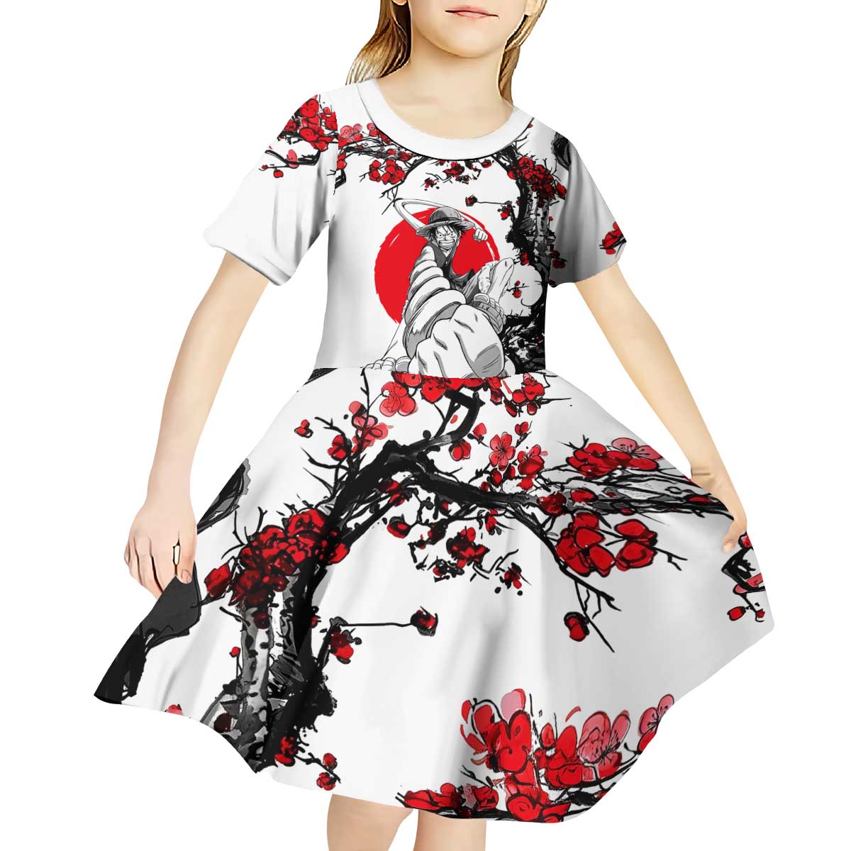 Luffy Gear 3 One Piece Anime White and Red Japanese Art Style Kid Short Sleeve Dress with Cherry Blossom Tree and Straw Hat Pirates Jolly Roger - The Mazicc