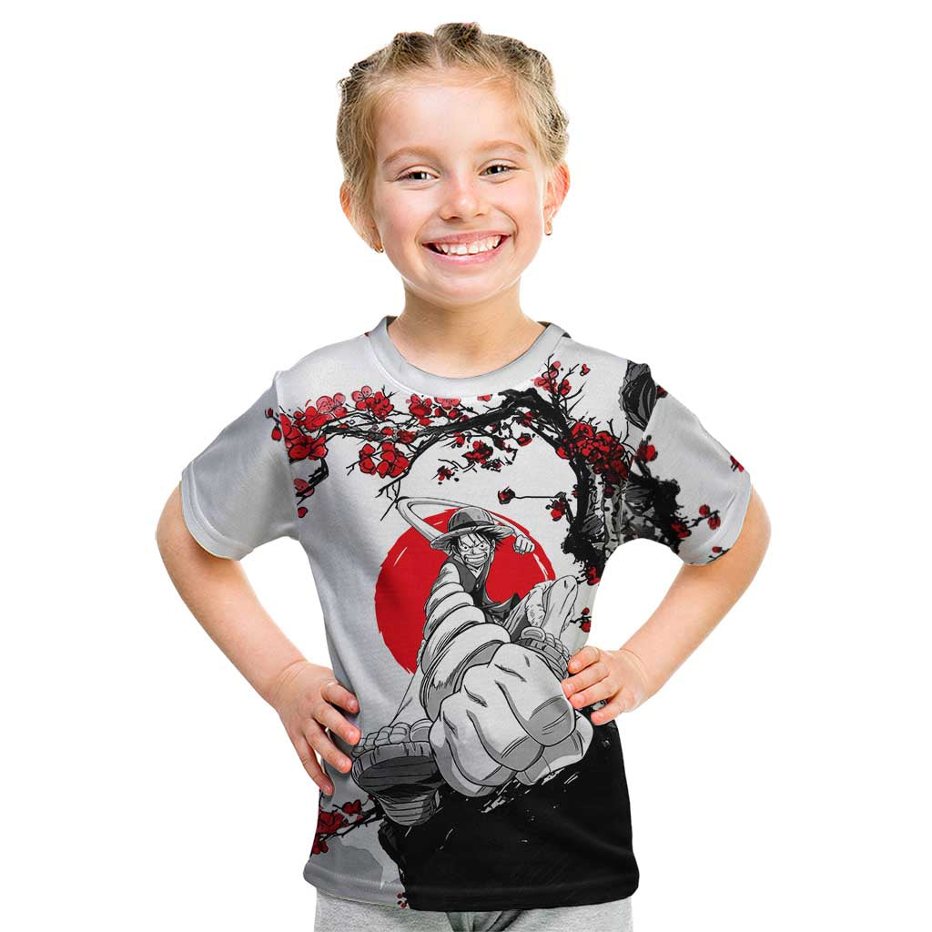 Luffy Gear 3 One Piece Anime White and Red Japanese Art Style Kid T Shirt with Cherry Blossom Tree and Straw Hat Pirates Jolly Roger - The Mazicc