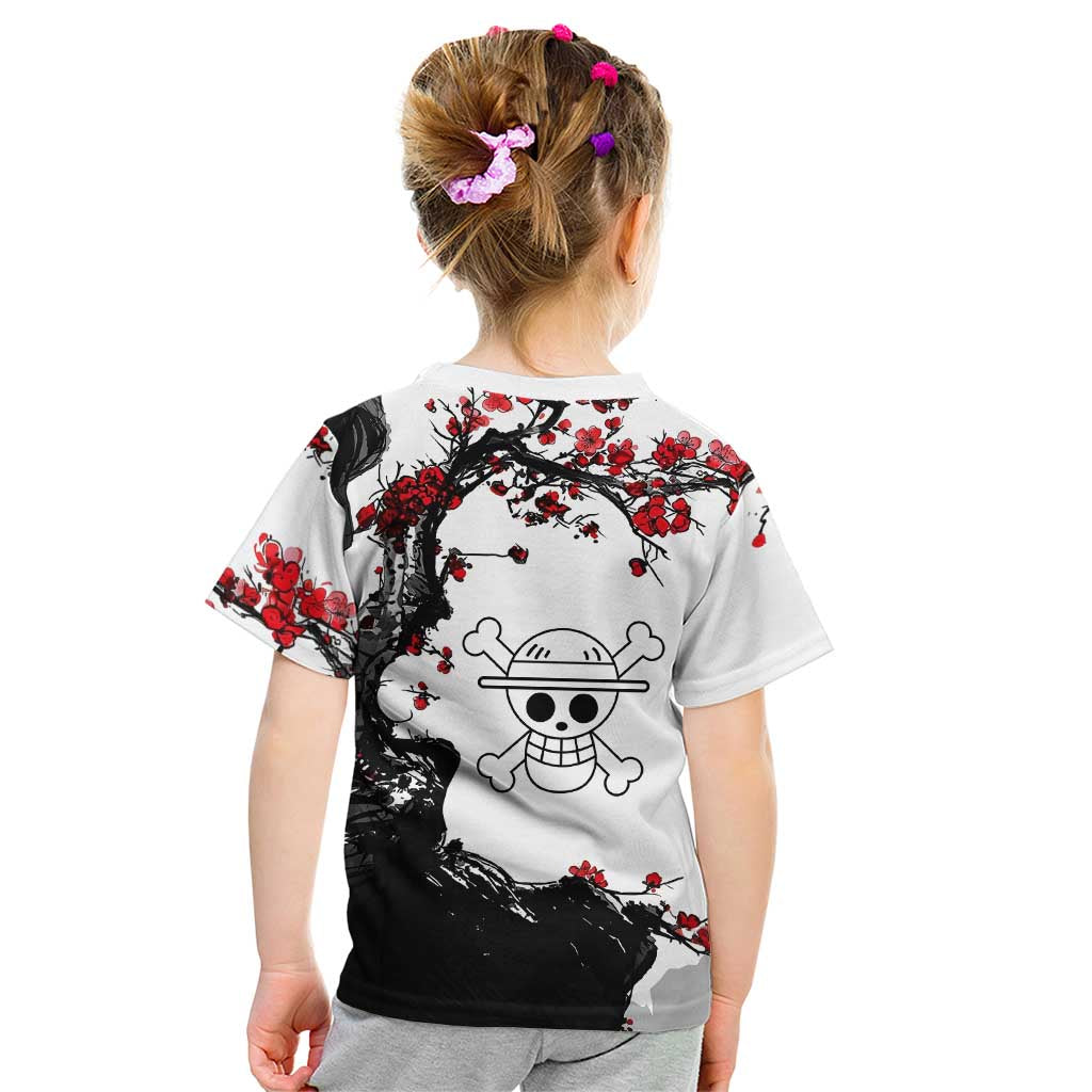 Luffy Gear 3 One Piece Anime White and Red Japanese Art Style Kid T Shirt with Cherry Blossom Tree and Straw Hat Pirates Jolly Roger - The Mazicc