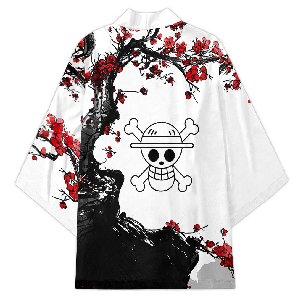 Luffy Gear 3 One Piece Anime White and Red Japanese Art Style Kimono with Cherry Blossom Tree and Straw Hat Pirates Jolly Roger - The Mazicc
