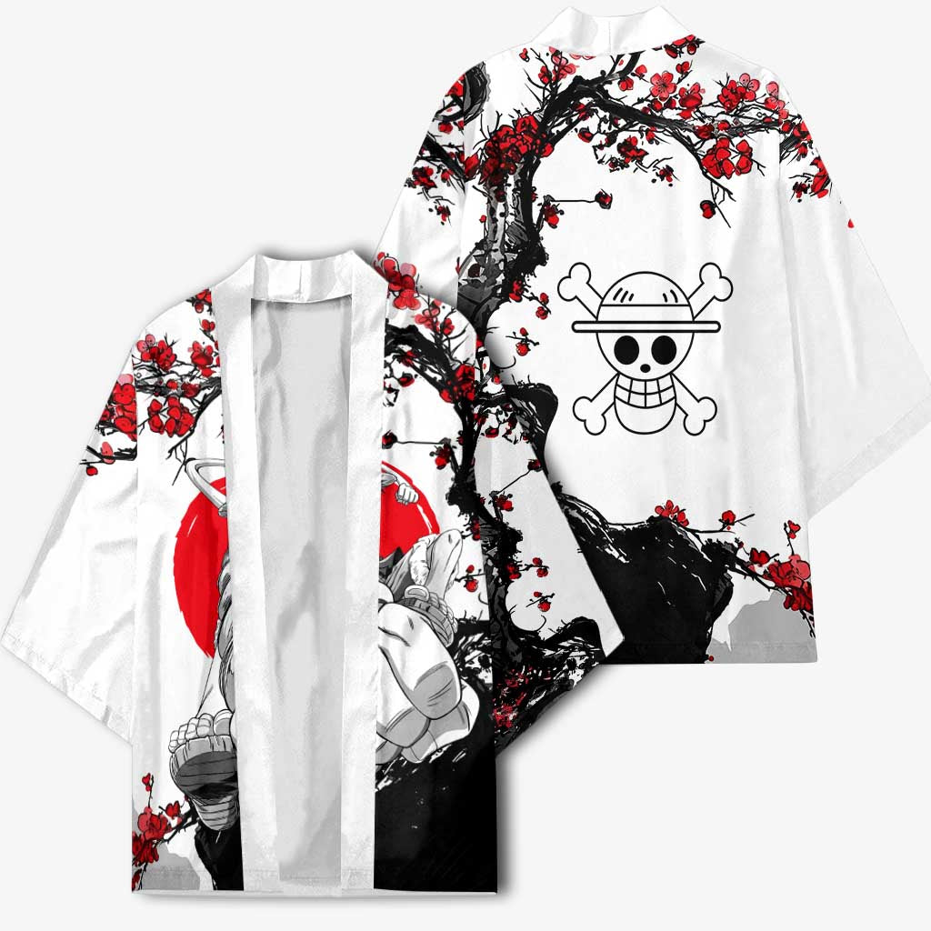 Luffy Gear 3 One Piece Anime White and Red Japanese Art Style Kimono with Cherry Blossom Tree and Straw Hat Pirates Jolly Roger - The Mazicc