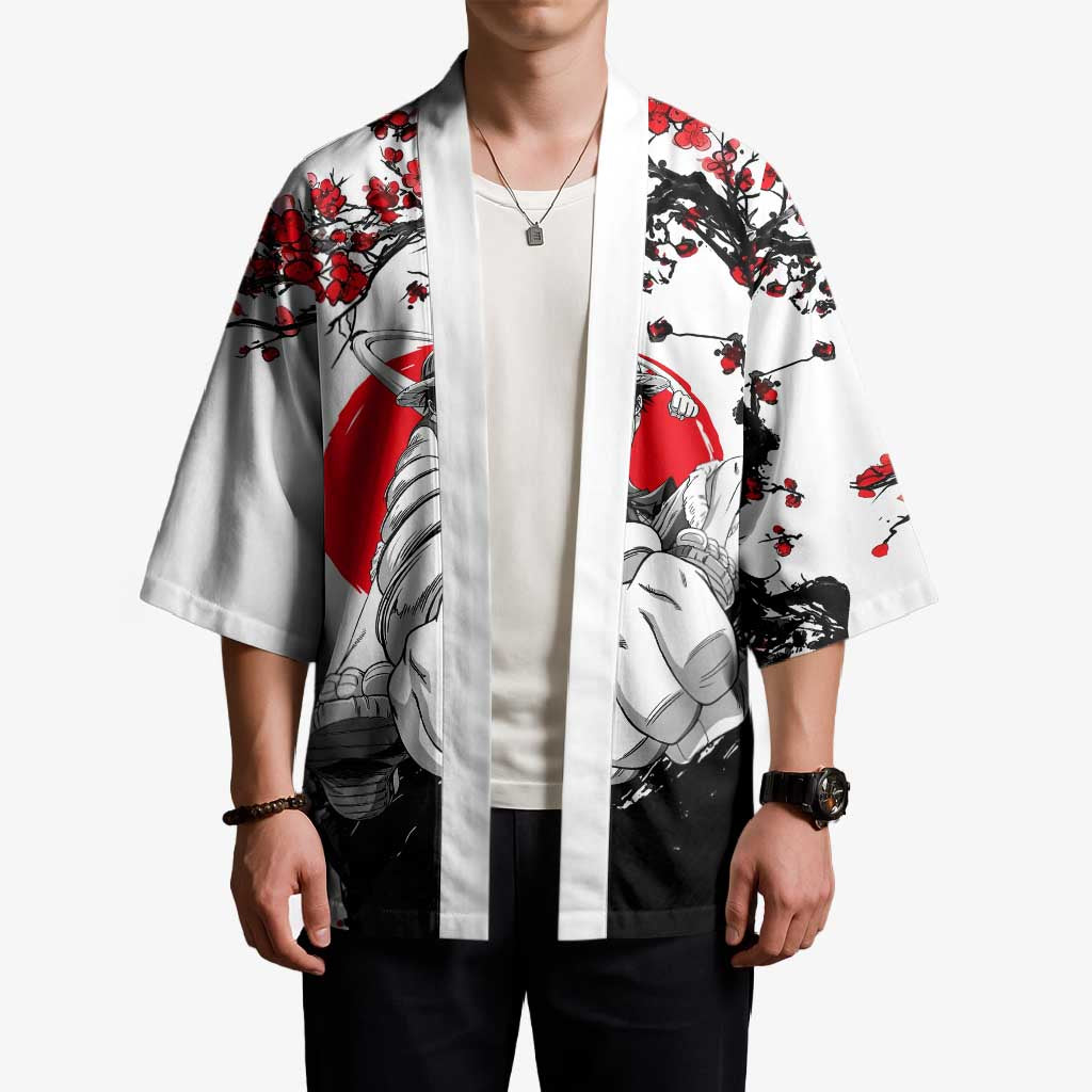 Luffy Gear 3 One Piece Anime White and Red Japanese Art Style Kimono with Cherry Blossom Tree and Straw Hat Pirates Jolly Roger - The Mazicc