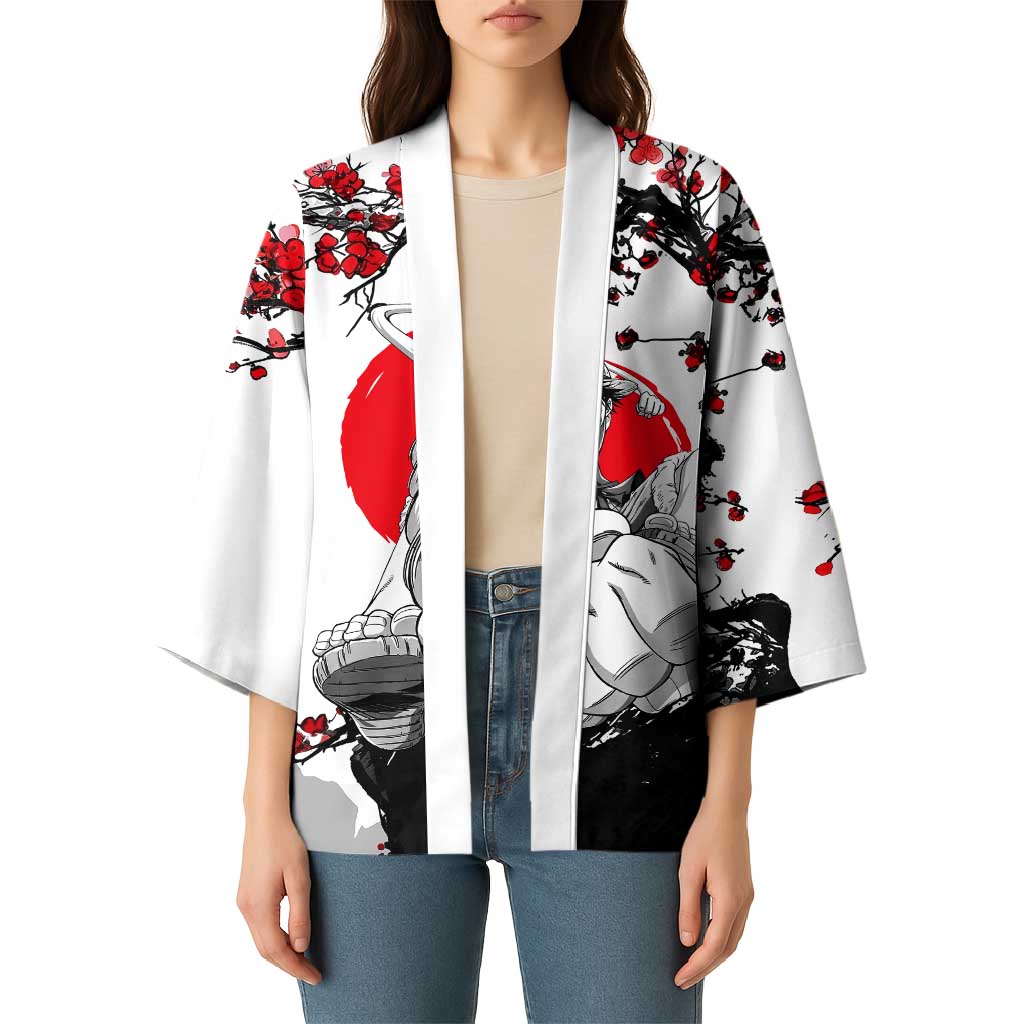 Luffy Gear 3 One Piece Anime White and Red Japanese Art Style Kimono with Cherry Blossom Tree and Straw Hat Pirates Jolly Roger - The Mazicc