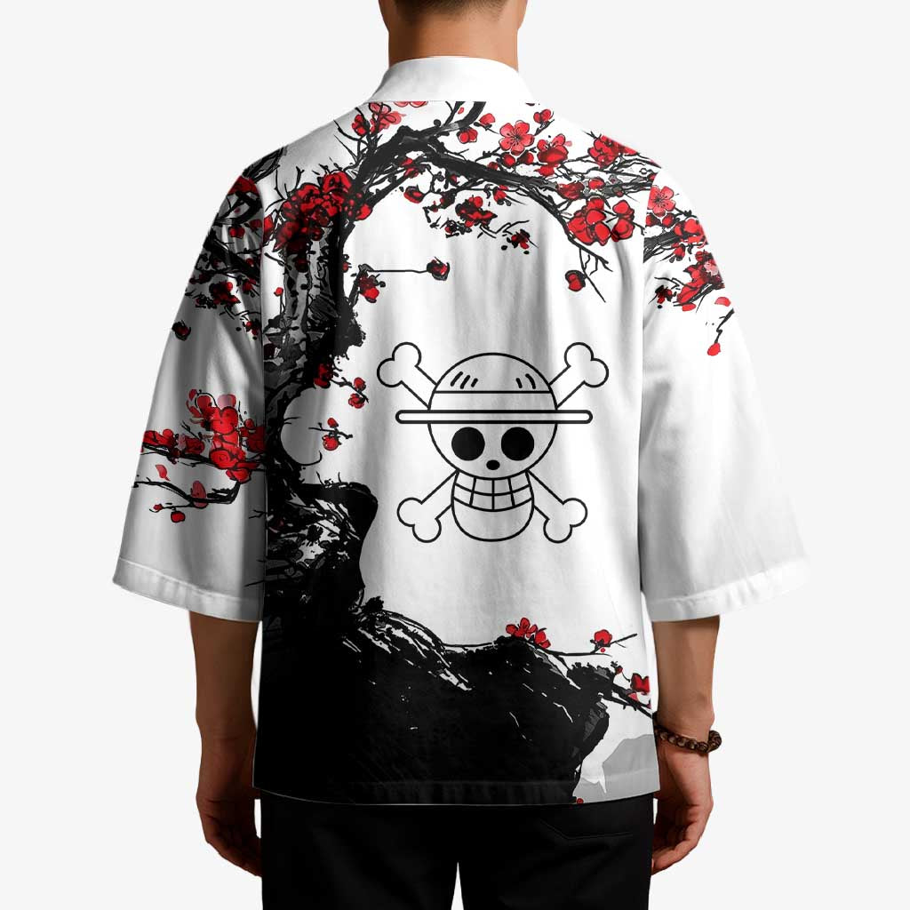 Luffy Gear 3 One Piece Anime White and Red Japanese Art Style Kimono with Cherry Blossom Tree and Straw Hat Pirates Jolly Roger - The Mazicc