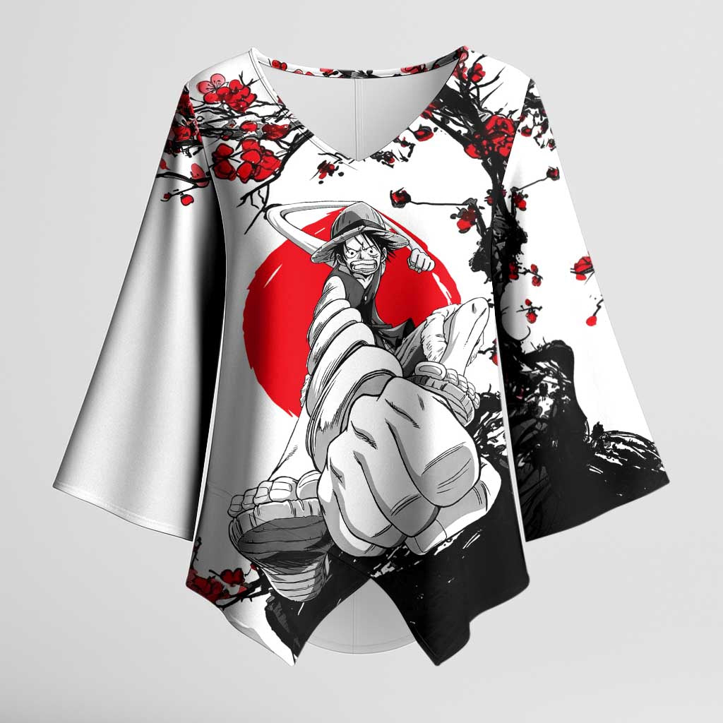 Luffy Gear 3 One Piece Anime White and Red Japanese Art Style Kimono Sleeve Blouse with Cherry Blossom Tree and Straw Hat Pirates Jolly Roger - The Mazicc