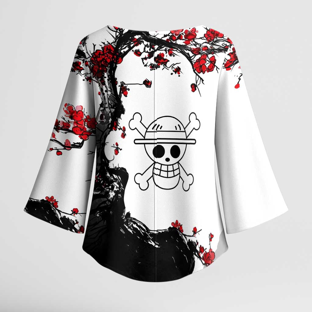 Luffy Gear 3 One Piece Anime White and Red Japanese Art Style Kimono Sleeve Blouse with Cherry Blossom Tree and Straw Hat Pirates Jolly Roger - The Mazicc