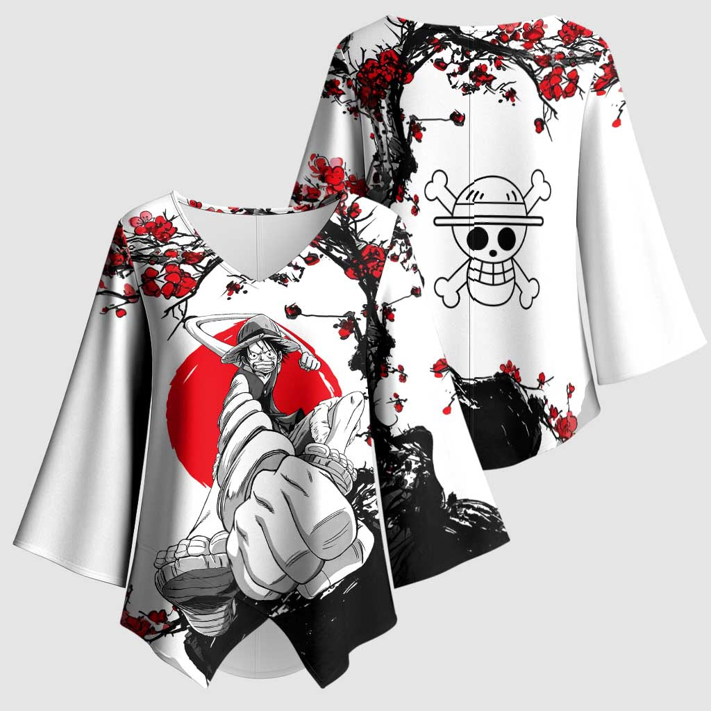 Luffy Gear 3 One Piece Anime White and Red Japanese Art Style Kimono Sleeve Blouse with Cherry Blossom Tree and Straw Hat Pirates Jolly Roger - The Mazicc
