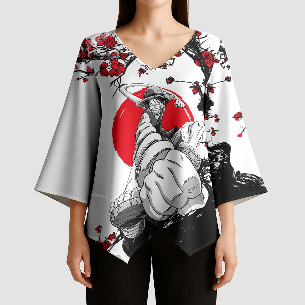 Luffy Gear 3 One Piece Anime White and Red Japanese Art Style Kimono Sleeve Blouse with Cherry Blossom Tree and Straw Hat Pirates Jolly Roger - The Mazicc
