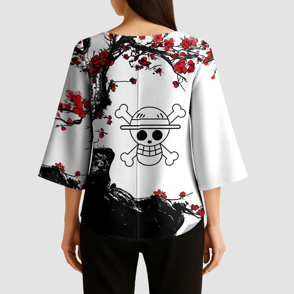 Luffy Gear 3 One Piece Anime White and Red Japanese Art Style Kimono Sleeve Blouse with Cherry Blossom Tree and Straw Hat Pirates Jolly Roger - The Mazicc