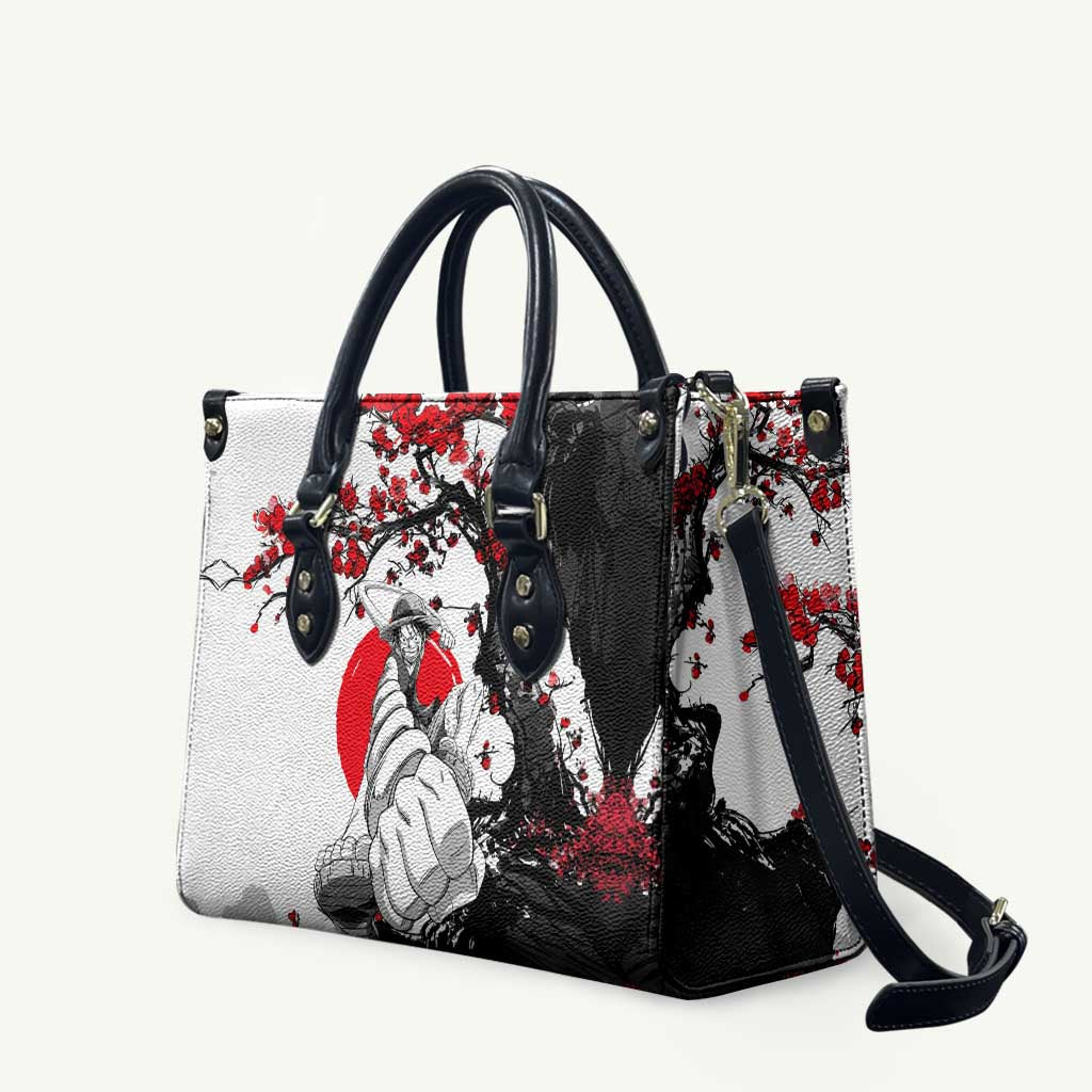 Luffy Gear 3 One Piece Anime White and Red Japanese Art Style Leather Bag with Cherry Blossom Tree and Straw Hat Pirates Jolly Roger - The Mazicc