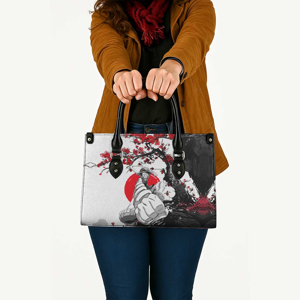 Luffy Gear 3 One Piece Anime White and Red Japanese Art Style Leather Bag with Cherry Blossom Tree and Straw Hat Pirates Jolly Roger - The Mazicc