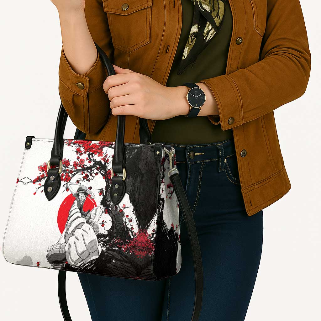 Luffy Gear 3 One Piece Anime White and Red Japanese Art Style Leather Bag with Cherry Blossom Tree and Straw Hat Pirates Jolly Roger - The Mazicc