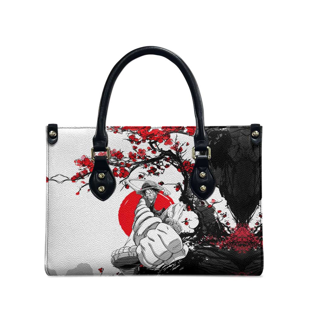 Luffy Gear 3 One Piece Anime White and Red Japanese Art Style Leather Bag with Cherry Blossom Tree and Straw Hat Pirates Jolly Roger - The Mazicc