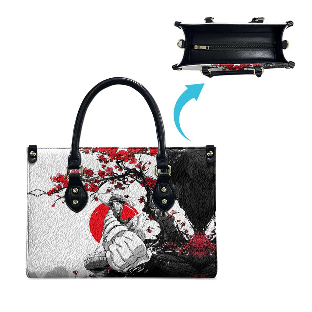 Luffy Gear 3 One Piece Anime White and Red Japanese Art Style Leather Bag with Cherry Blossom Tree and Straw Hat Pirates Jolly Roger - The Mazicc