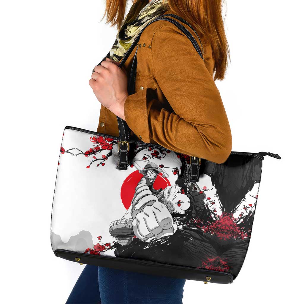 Luffy Gear 3 One Piece Anime White and Red Japanese Art Style Leather Tote Bag with Cherry Blossom Tree and Straw Hat Pirates Jolly Roger - The Mazicc