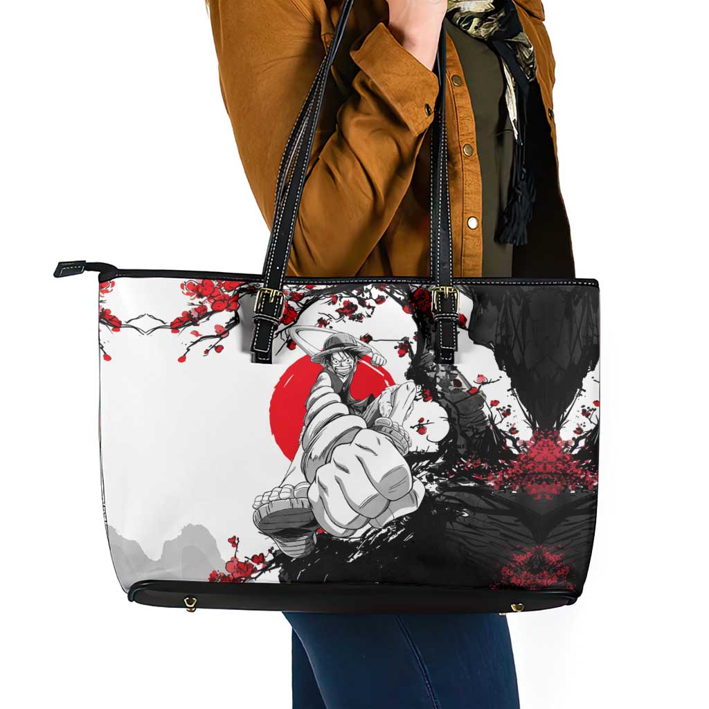 Luffy Gear 3 One Piece Anime White and Red Japanese Art Style Leather Tote Bag with Cherry Blossom Tree and Straw Hat Pirates Jolly Roger - The Mazicc