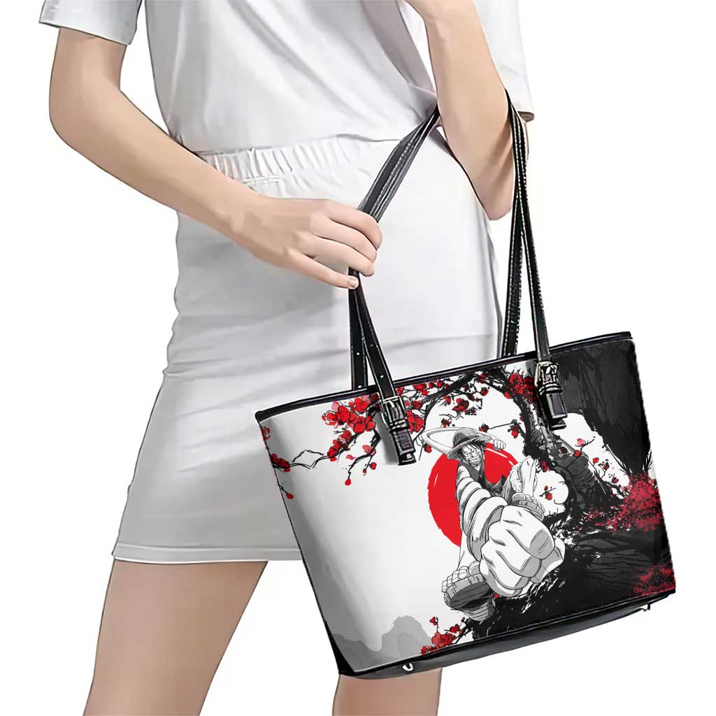 Luffy Gear 3 One Piece Anime White and Red Japanese Art Style Leather Tote Bag with Cherry Blossom Tree and Straw Hat Pirates Jolly Roger - The Mazicc