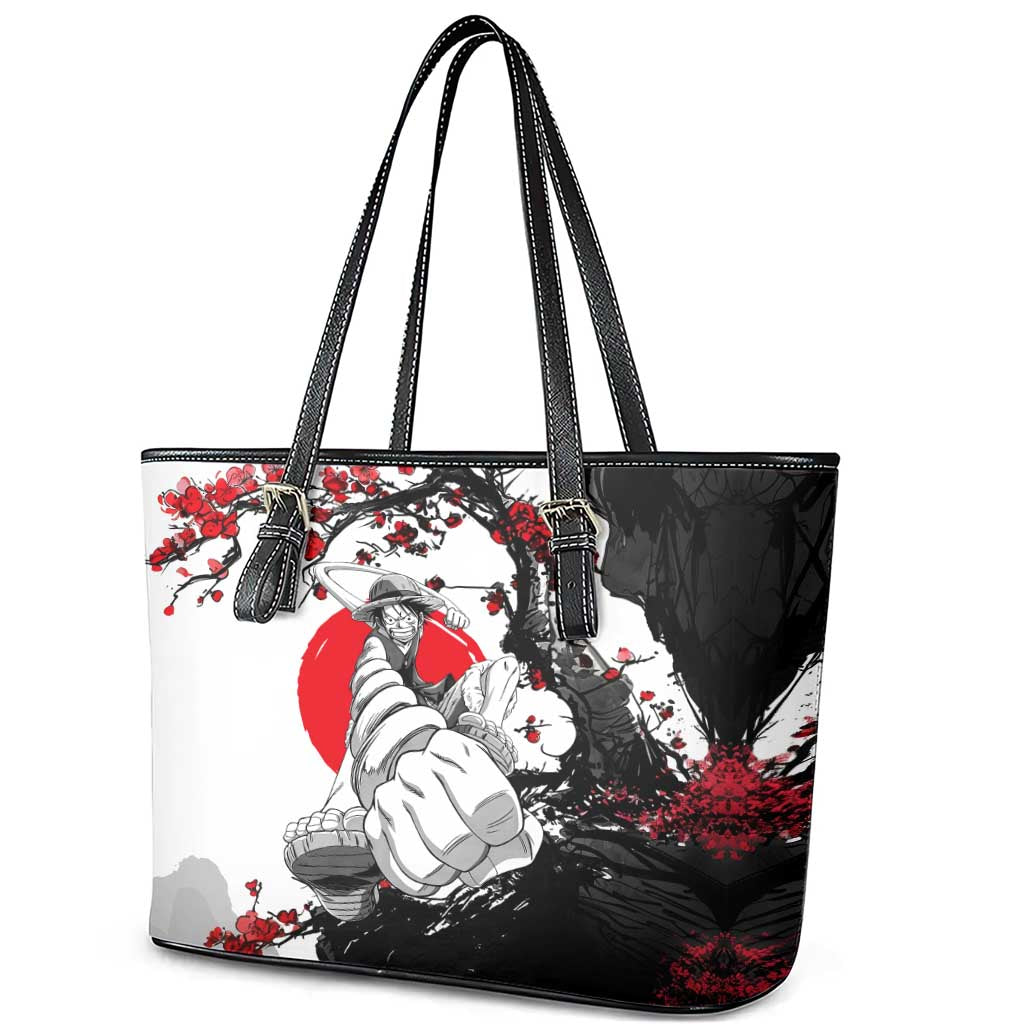 Luffy Gear 3 One Piece Anime White and Red Japanese Art Style Leather Tote Bag with Cherry Blossom Tree and Straw Hat Pirates Jolly Roger - The Mazicc