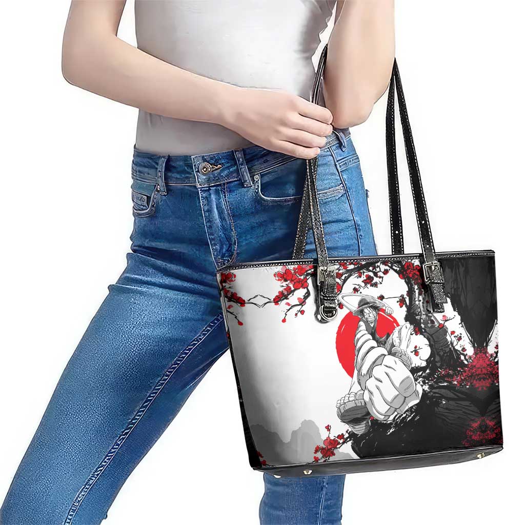 Luffy Gear 3 One Piece Anime White and Red Japanese Art Style Leather Tote Bag with Cherry Blossom Tree and Straw Hat Pirates Jolly Roger - The Mazicc