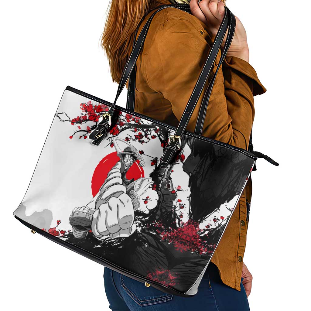 Luffy Gear 3 One Piece Anime White and Red Japanese Art Style Leather Tote Bag with Cherry Blossom Tree and Straw Hat Pirates Jolly Roger - The Mazicc