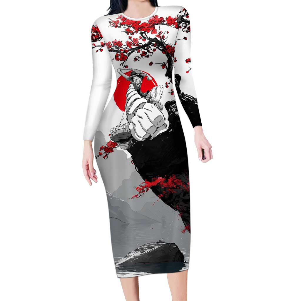 Luffy Gear 3 One Piece Anime White and Red Japanese Art Style Long Sleeve Bodycon Dress with Cherry Blossom Tree and Straw Hat Pirates Jolly Roger - The Mazicc