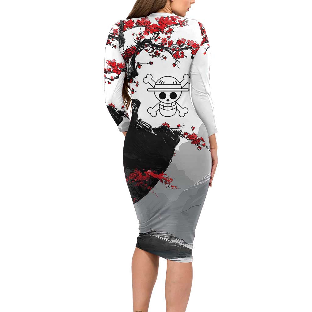 Luffy Gear 3 One Piece Anime White and Red Japanese Art Style Long Sleeve Bodycon Dress with Cherry Blossom Tree and Straw Hat Pirates Jolly Roger - The Mazicc