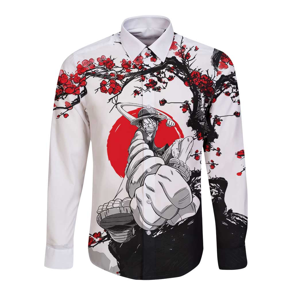 Luffy Gear 3 One Piece Anime White and Red Japanese Art Style Long Sleeve Button Shirt with Cherry Blossom Tree and Straw Hat Pirates Jolly Roger - The Mazicc