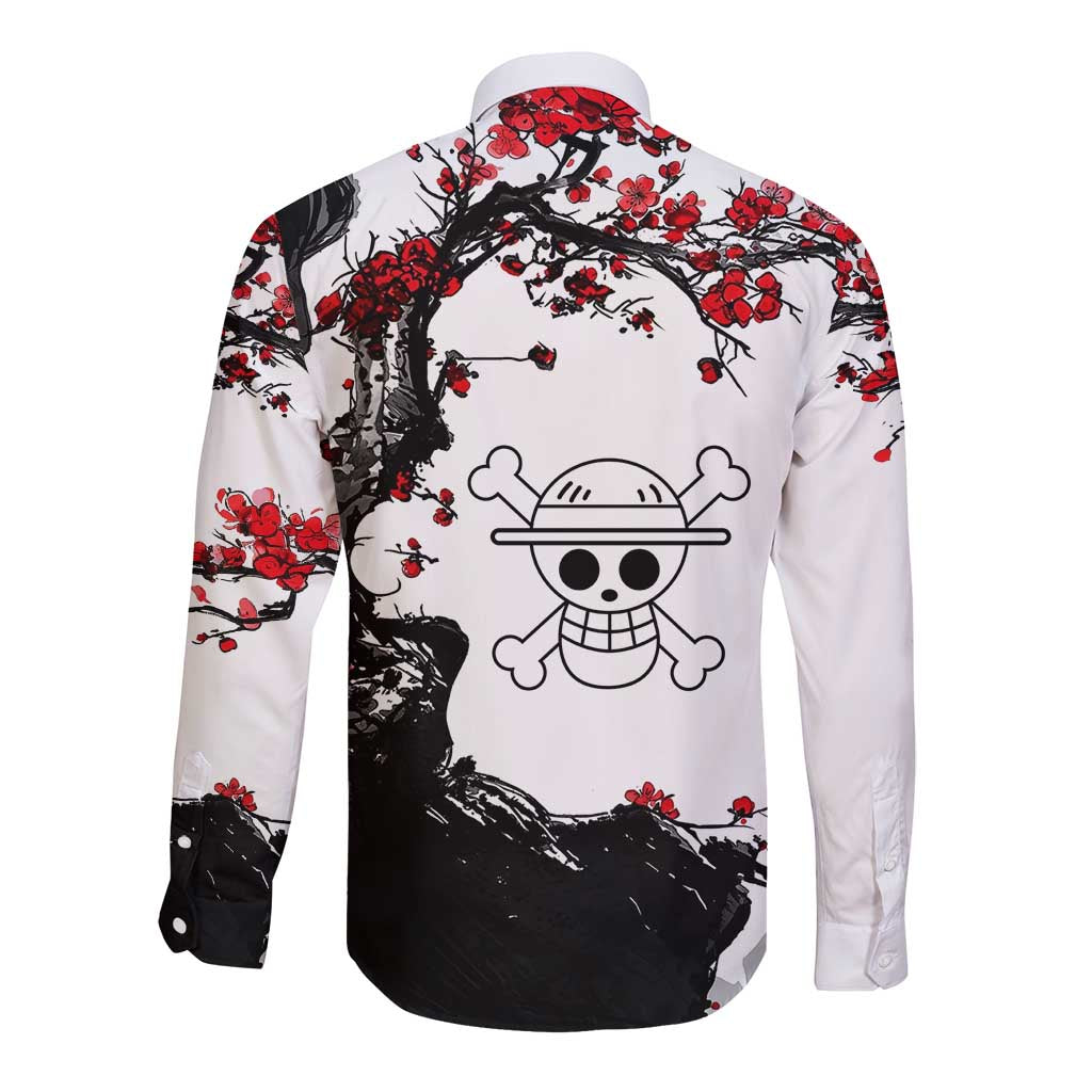Luffy Gear 3 One Piece Anime White and Red Japanese Art Style Long Sleeve Button Shirt with Cherry Blossom Tree and Straw Hat Pirates Jolly Roger - The Mazicc
