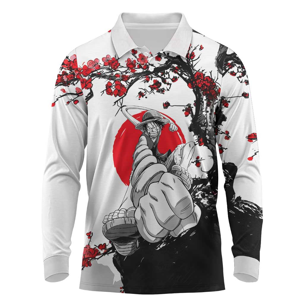 Luffy Gear 3 One Piece Anime White and Red Japanese Art Style Long Sleeve Polo Shirt with Cherry Blossom Tree and Straw Hat Pirates Jolly Roger - The Mazicc