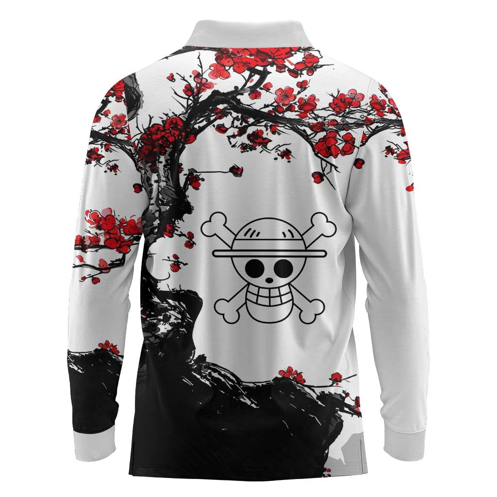 Luffy Gear 3 One Piece Anime White and Red Japanese Art Style Long Sleeve Polo Shirt with Cherry Blossom Tree and Straw Hat Pirates Jolly Roger - The Mazicc