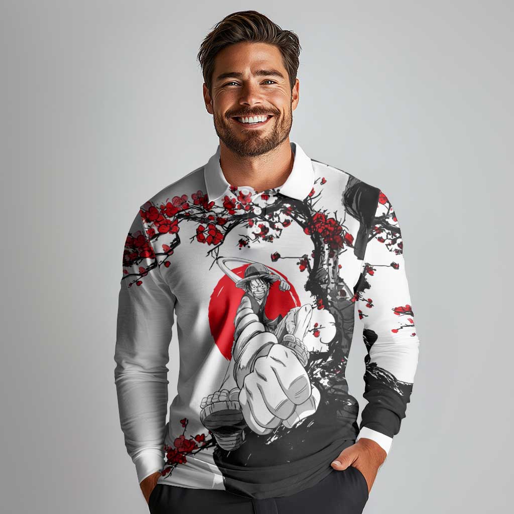 Luffy Gear 3 One Piece Anime White and Red Japanese Art Style Long Sleeve Polo Shirt with Cherry Blossom Tree and Straw Hat Pirates Jolly Roger - The Mazicc