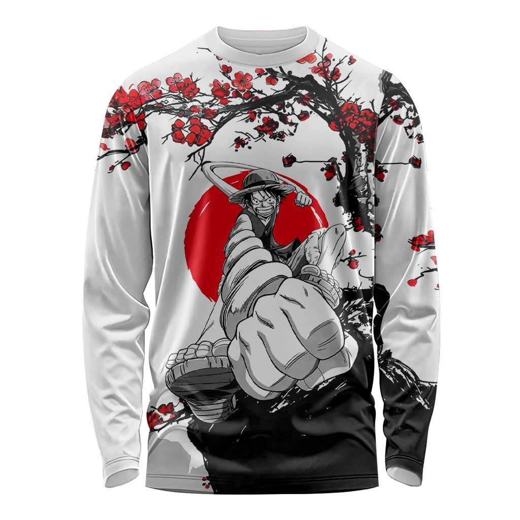 Luffy Gear 3 One Piece Anime White and Red Japanese Art Style Long Sleeve Shirt with Cherry Blossom Tree and Straw Hat Pirates Jolly Roger - The Mazicc