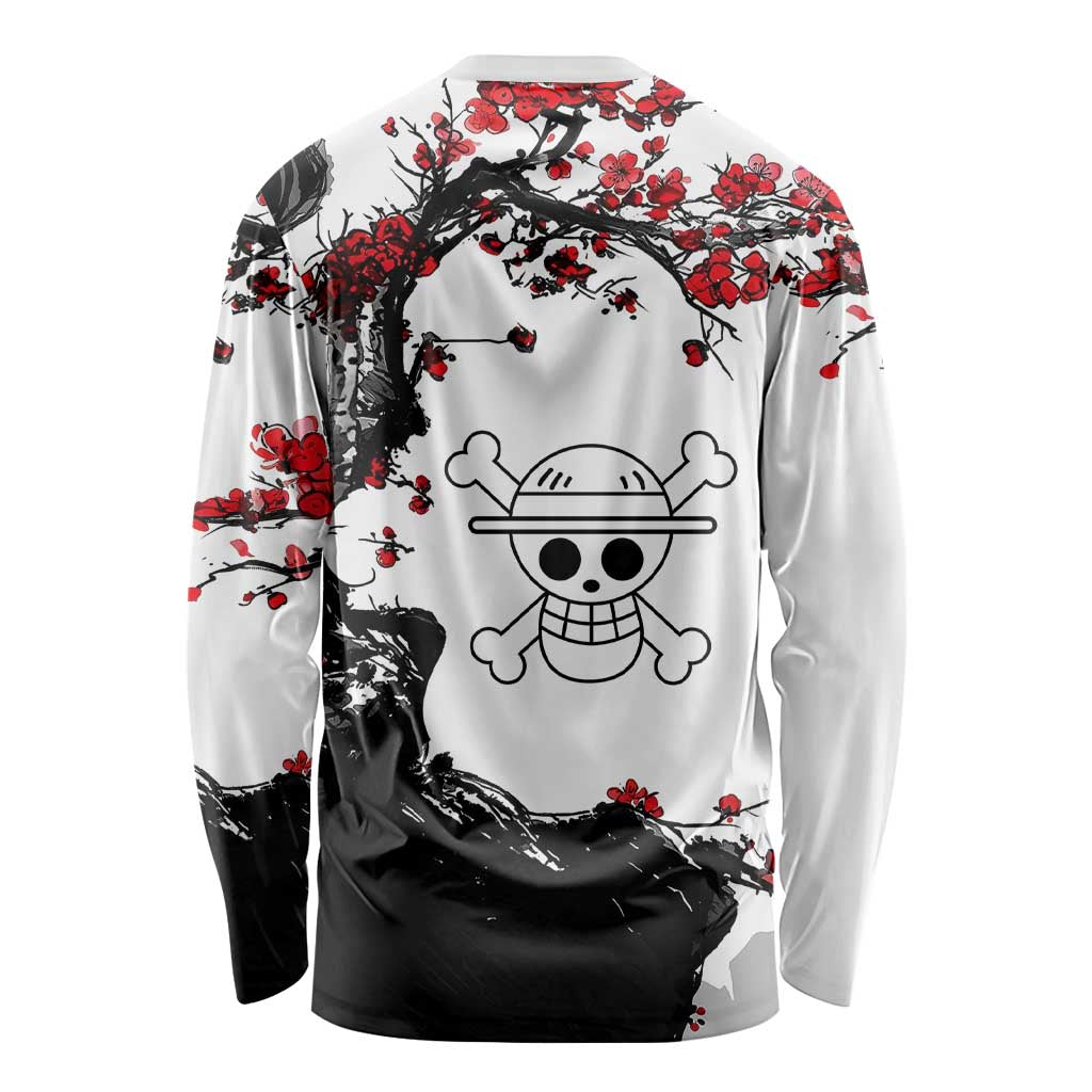 Luffy Gear 3 One Piece Anime White and Red Japanese Art Style Long Sleeve Shirt with Cherry Blossom Tree and Straw Hat Pirates Jolly Roger - The Mazicc