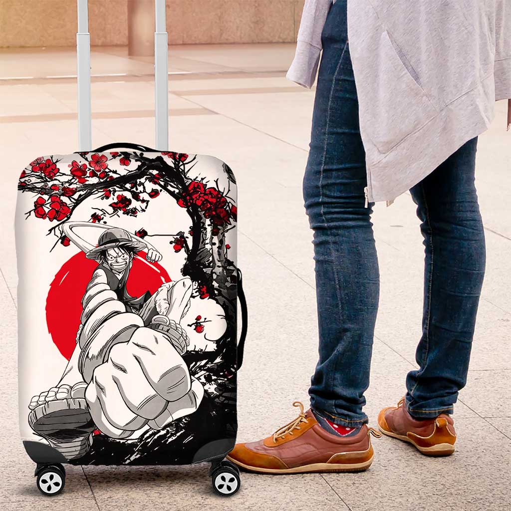 Luffy Gear 3 One Piece Anime White and Red Japanese Art Style Luggage Cover with Cherry Blossom Tree and Straw Hat Pirates Jolly Roger - The Mazicc