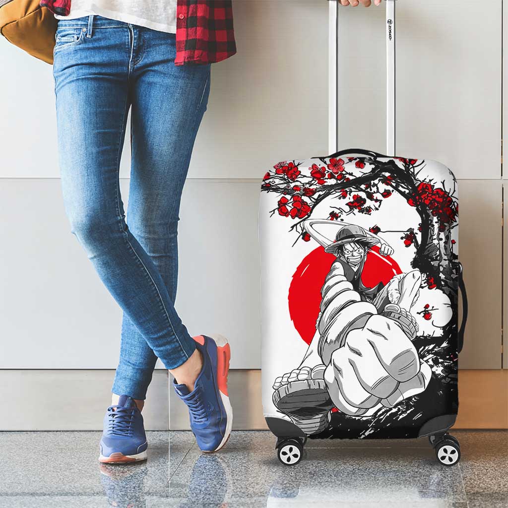 Luffy Gear 3 One Piece Anime White and Red Japanese Art Style Luggage Cover with Cherry Blossom Tree and Straw Hat Pirates Jolly Roger - The Mazicc