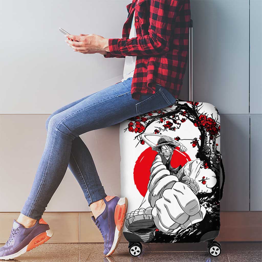 Luffy Gear 3 One Piece Anime White and Red Japanese Art Style Luggage Cover with Cherry Blossom Tree and Straw Hat Pirates Jolly Roger - The Mazicc