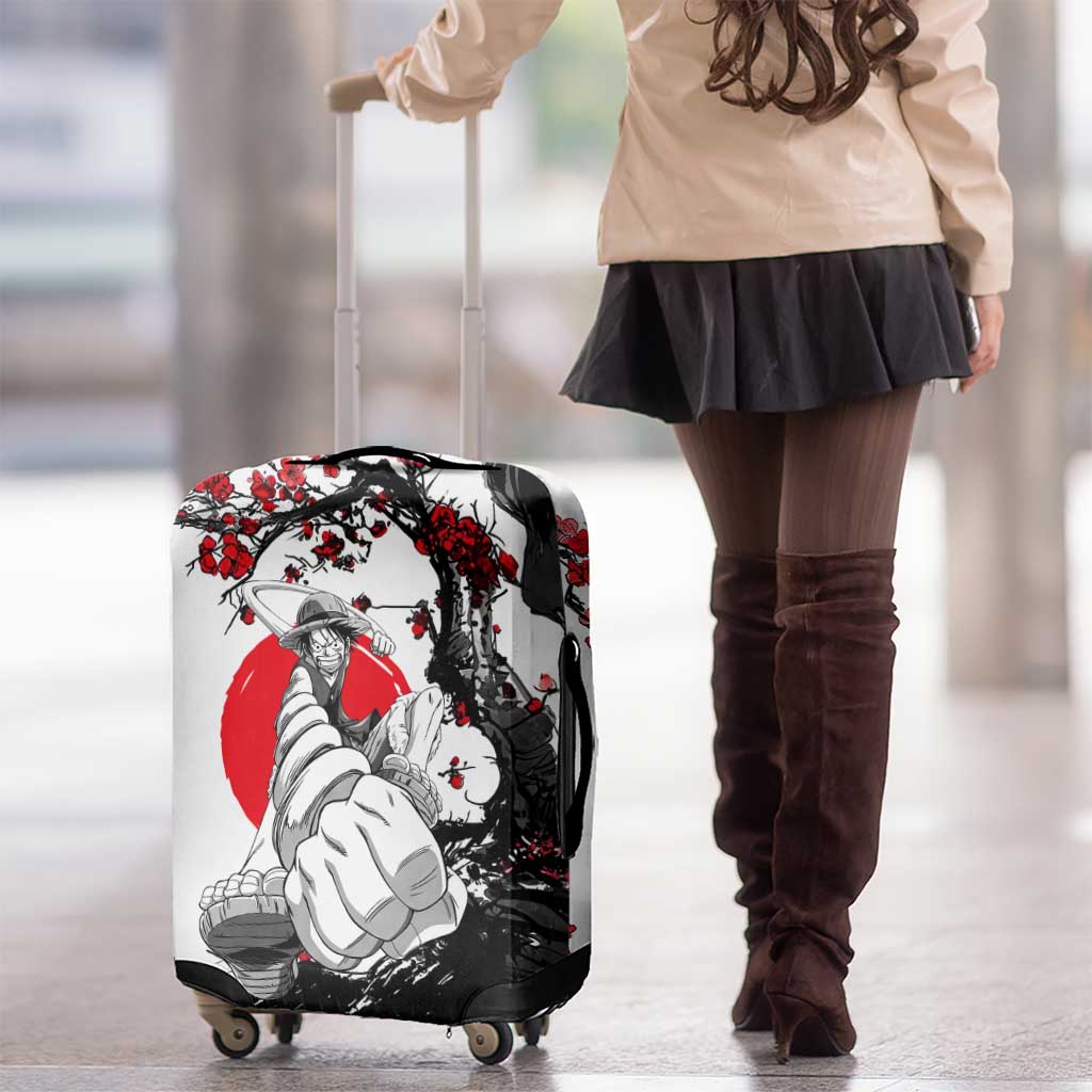 Luffy Gear 3 One Piece Anime White and Red Japanese Art Style Luggage Cover with Cherry Blossom Tree and Straw Hat Pirates Jolly Roger - The Mazicc