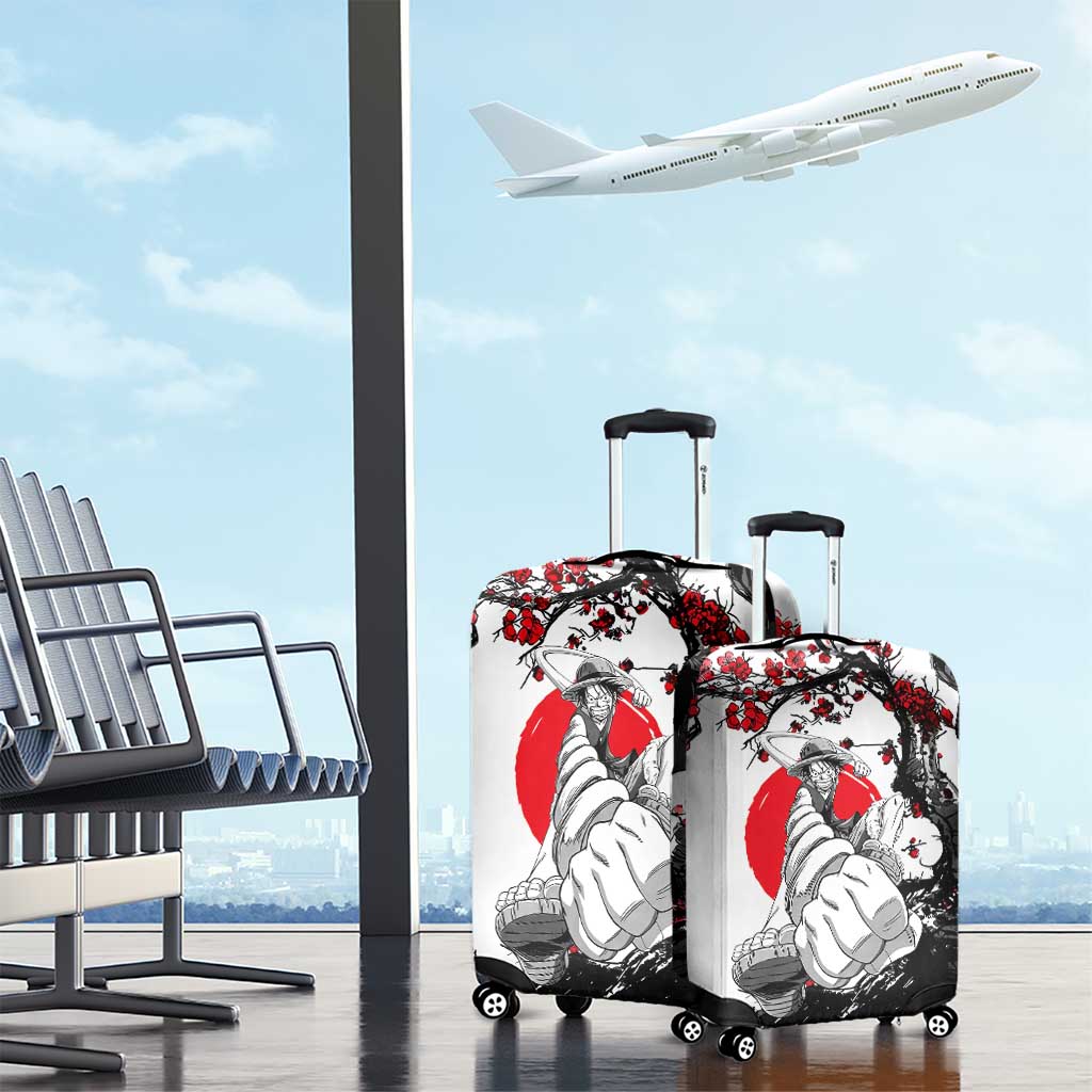 Luffy Gear 3 One Piece Anime White and Red Japanese Art Style Luggage Cover with Cherry Blossom Tree and Straw Hat Pirates Jolly Roger - The Mazicc