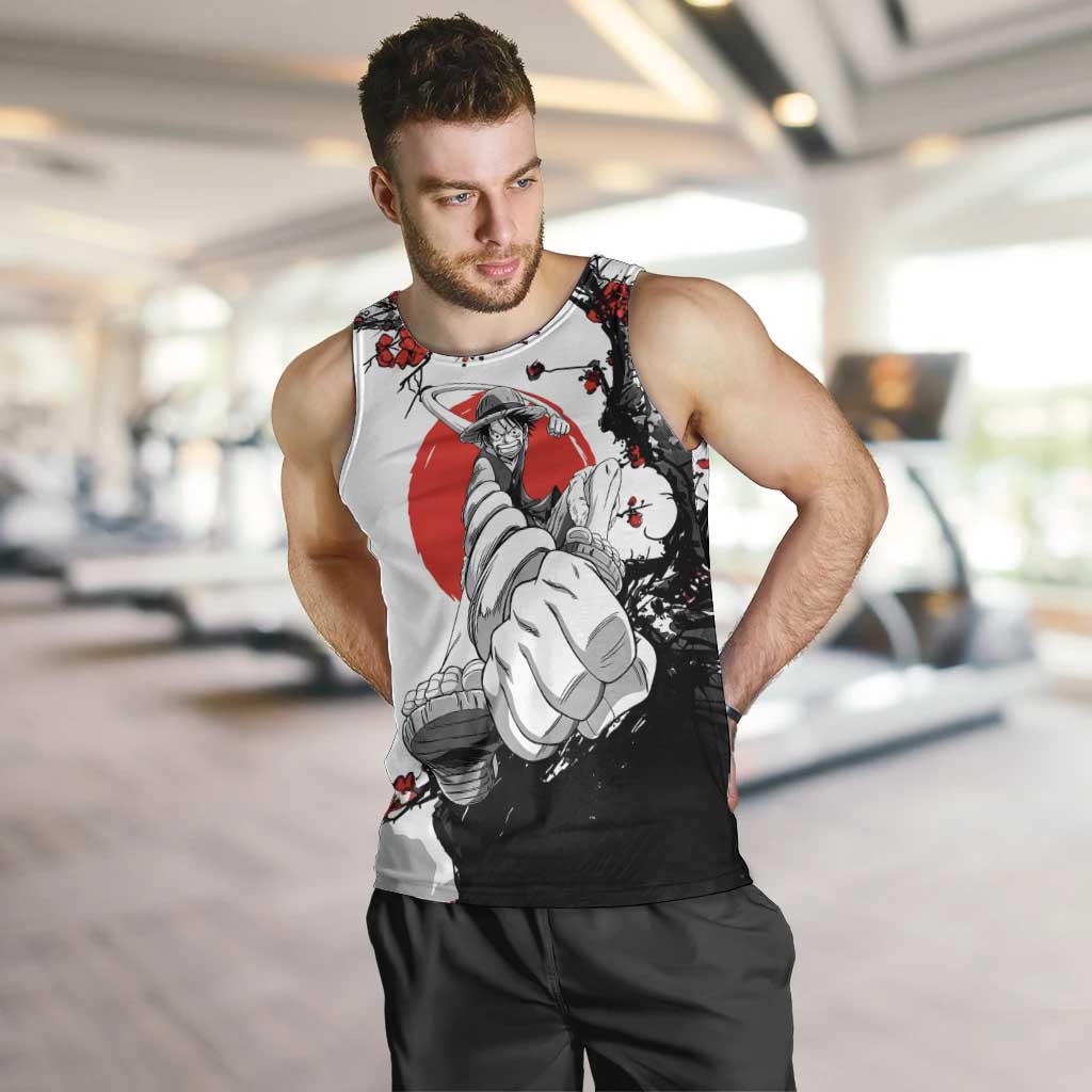 Luffy Gear 3 One Piece Anime White and Red Japanese Art Style Men Tank Top with Cherry Blossom Tree and Straw Hat Pirates Jolly Roger - The Mazicc