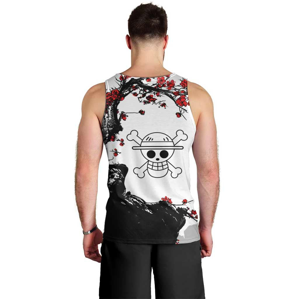 Luffy Gear 3 One Piece Anime White and Red Japanese Art Style Men Tank Top with Cherry Blossom Tree and Straw Hat Pirates Jolly Roger - The Mazicc