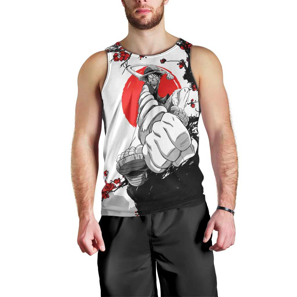 Luffy Gear 3 One Piece Anime White and Red Japanese Art Style Men Tank Top with Cherry Blossom Tree and Straw Hat Pirates Jolly Roger - The Mazicc