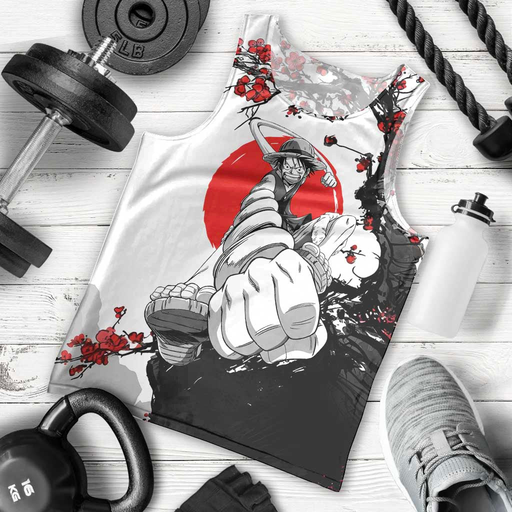 Luffy Gear 3 One Piece Anime White and Red Japanese Art Style Men Tank Top with Cherry Blossom Tree and Straw Hat Pirates Jolly Roger - The Mazicc